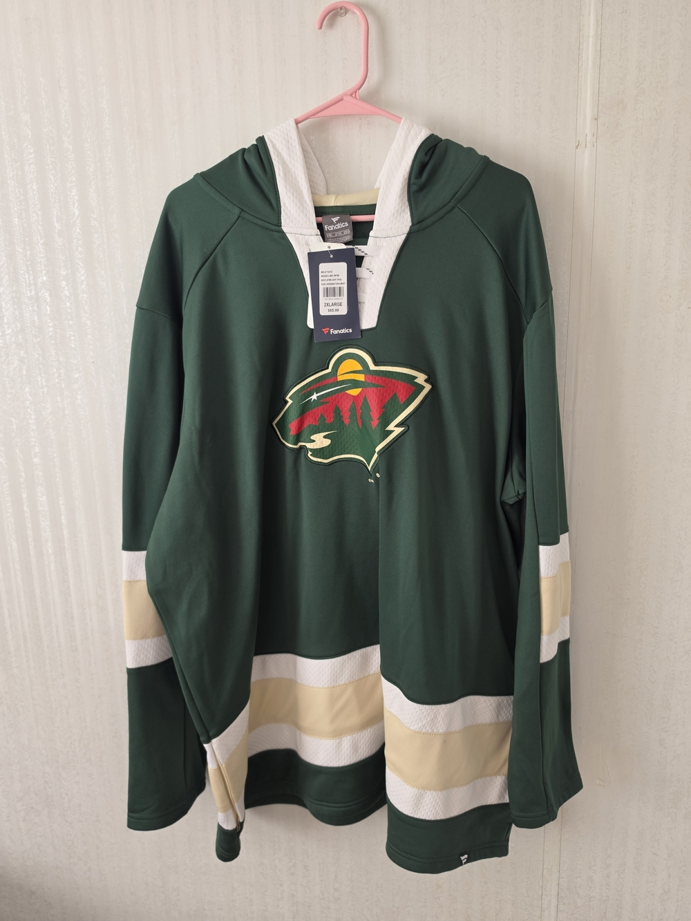 Fanatics Green Minnesota Wild Jersey Hooded Pullover with Cream & White Stripes